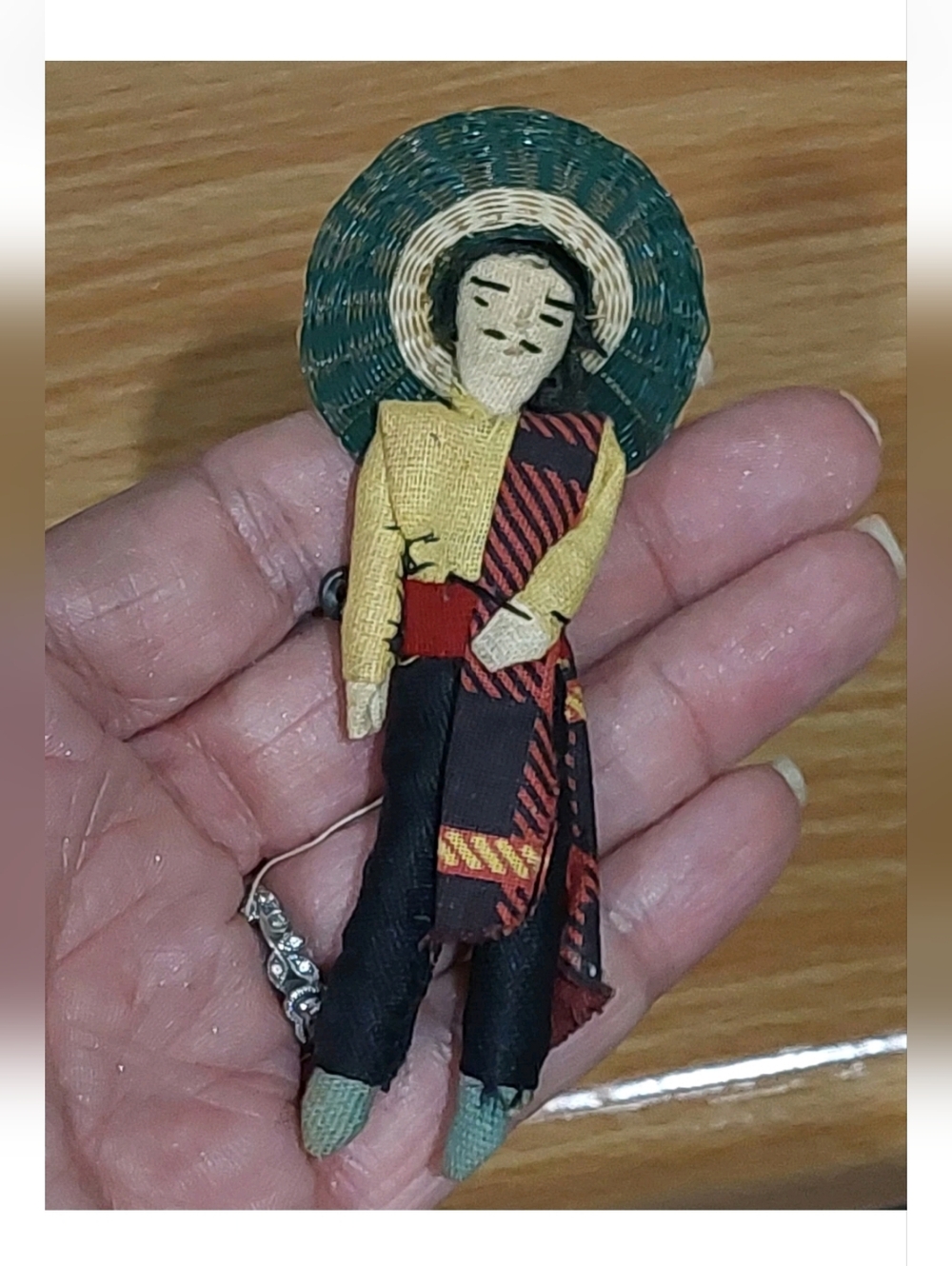 Handmade Fabric Doll Pin with Woven Hat - Teal, Yellow, Red, Black Mexico